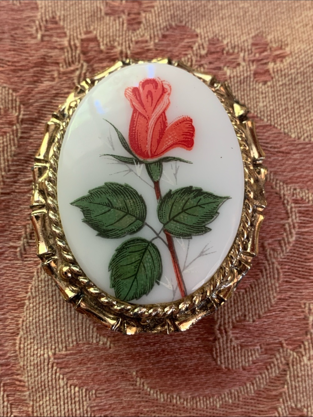 Vintage Gold-Tone Porcelain Brooch with Pink Rose Motif